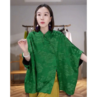 2024早春减龄漂亮上衣新中式国风香云纱真丝绿色衬衫女设计感小众