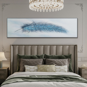 蓝色羽毛手绘油画床头装饰画卧室现代风挂画