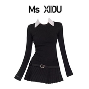 Ms XIDU 美式复古假两件衬衫领连衣裙秋冬修身显瘦百褶拼接辣妹裙