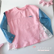 外单秋季女大儿童粉色蕾丝上衣裙衬衣长袖毛圈公主打底衫110-150