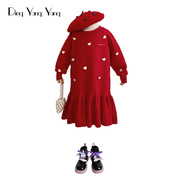 叮羊羊女童连衣裙红色爱心针织毛衣裙(毛衣裙)荷叶，边洋气秋冬长袖毛线裙子