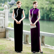 丝绒旗袍高档无袖年轻中国风模特演出礼仪，长款优雅日常可穿连衣裙