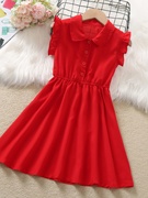 女童连衣裙夏季2024洋气学院风，雪纺薄款夏装儿童红色背心裙子