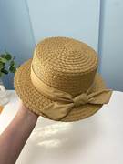 夏季出游海边沙滩帽，蝴蝶结平顶草帽女遮阳时尚户外太阳帽礼帽