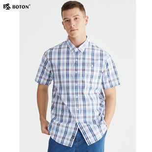 波顿夏季短袖格子衬衫男士蓝白色浅色衬衣商务休闲百搭纯棉上衣