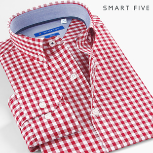 smartfive撞色修身红色格子衬衫，男长袖纯棉，时尚青年美式休闲衬衣
