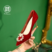 红色婚鞋女2024年春季配裙子宴会鞋细跟优雅小高跟鞋尖头单鞋