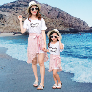 亲子装女童母女装纯棉短袖，t恤白粉色，亲子两件套装蕾丝裙子夏
