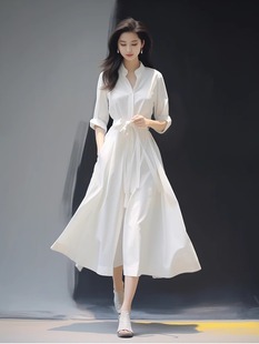 独特超好看白色气质礼服裙子高级感女神范收腰绝美超仙衬衫连衣裙