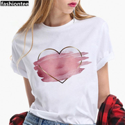 Pink Love Woman T-shirt 粉红色爱心印花女士白色T恤衫圆领休闲