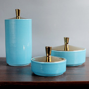 中式镀金陶瓷罐子摆件软装饰品玄关办公室蓝色禅意装饰花瓶