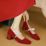 红色婚鞋春季方头浅口珍珠，不掉跟玛丽珍宴会配裙粗跟中跟单鞋