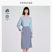 vgrass蓝色真丝小上衣女夏季长袖，刺绣设计感t恤vsx3o21370