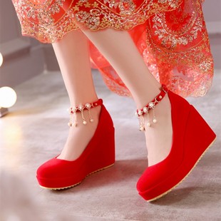 大码41-43春秋防滑孕妇坡跟，结婚单鞋高跟女鞋，婚礼中式红色新娘鞋