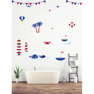 卡通海洋轮船遮丑补洞贴纸可爱温馨浴室卫生间瓷砖自粘防水墙贴画