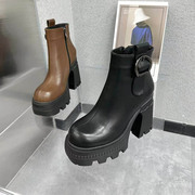 女靴2023秋冬水台厚底增高 10cm真皮马丁靴高跟粗跟短靴加绒