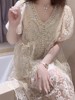 韩版重工钉珠刺绣蕾丝V领泡泡短袖连衣裙女夏季高级感公主裙