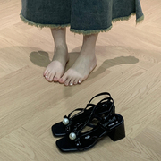 繁系丶罗马凉鞋2023粗跟一字带，时尚黑色细带上班高跟鞋露趾
