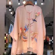 月光宝盒高级定制真丝，欧根纱刺绣杜鹃鸟中式宽松罩衫粉黄