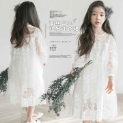 韩版童装春秋夏季款短袖女童蕾丝，连衣裙长袖中大童，裙子白色公主裙