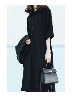 annandsam极简款黑色雪纺，衬衫连衣裙长裙短袖，春夏女原创设计
