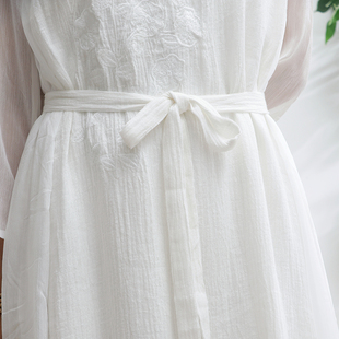 夏季高级感苎麻白色连衣裙腰带配饰，女蝴蝶结装饰配裙子设计感腰封