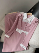 1.5斤假两件拼接长袖外套粉色高腰，半身裙套装时尚休闲洋气