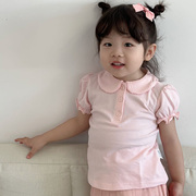 女孩纯色粉色短袖polo衫女童纯棉内搭宝宝夏季T恤儿童泡泡袖上衣