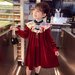 女童加绒连衣裙冬季2023洋气小女孩红色丝绒中国风公主拜年服
