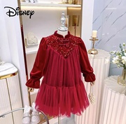 Disney迪士尼女童秋冬年服公主裙女孩拼接亮片连衣裙蓬蓬纱裙
