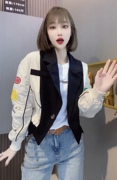 韩范时尚拼色棒球服女宽松2023春季夹克西装领上衣显瘦短外套