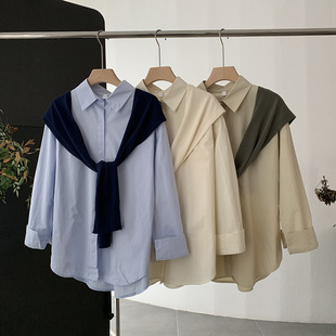 2023秋季套装纯色翻领，单排扣长袖中长款衬衫，+针织披肩两件套