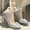 日系水晶鞋2023春秋银色婚鞋水钻蝴蝶结尖头，高跟鞋女细跟单鞋