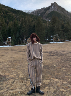 ESC MAN STUDIO/自制个性条纹配色休闲羊毛套头卫衣+卫裤两件套装