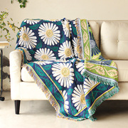 欧美式蓝色花朵棉麻线毯全盖双人组合全盖全包沙发盖巾垫挂毯地垫
