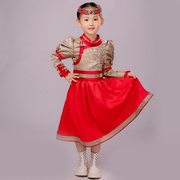 红色儿童女蒙古族长袍民族风，连衣公主裙节日，蓬蓬裙礼服舞蹈演出服