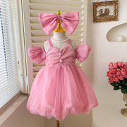 女童连衣裙夏季六一儿童时尚，露肩礼服公主裙子演出服宝宝粉色纱裙