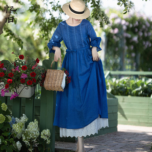 蓝调时光夏季蓝色苎麻，连衣裙女蕾丝，花边长裙宽松圆领大摆裙子