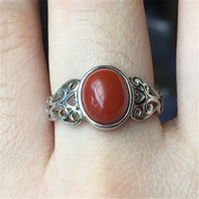 天然凉山柿子红南红玛瑙，戒指复古女款925银指环首饰饰品