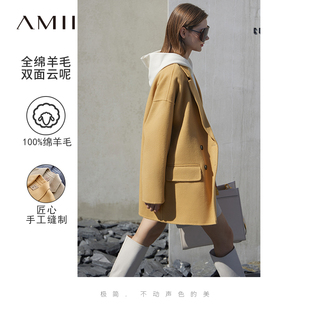 amii驼色羊绒双面，呢大衣女小个子2023冬季中长款西装，毛呢外套