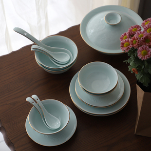 景德镇雕刻描金陶瓷28头餐具碗碟，套装家用中式可放洗碗机影青菜盘