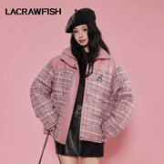 lacrawfish甜美小香风，粗花呢pu皮拼接绵羊毛，夹棉加厚外套棉服