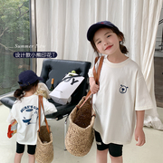 女童半袖前后卡通小熊印花打底衫儿童夏装，韩版宽松短袖白色t恤潮