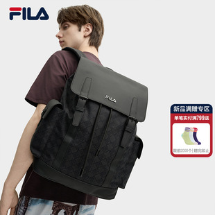 黑武士FILA斐乐男背包秋季新款复古翻盖双肩包电脑包老花书包