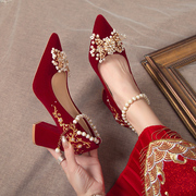 粗跟新娘孕妇结婚鞋女酒，红色中式婚礼，敬酒高跟鞋秀禾婚纱两穿婚鞋