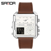 三达士皮带石英电子双机芯手表方形大表盘显示男夜光时尚国产腕表