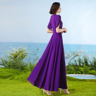 紫色法式连衣裙雪纺2024夏季女收腰显瘦度假超长裙到脚踝1691