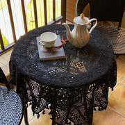 复古美式蕾丝茶几圆桌布北欧风INS针织钩花镂空格子绿色桌布台布