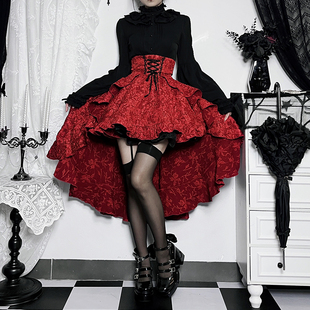 万圣节服装穿搭暗红半身裙，哥特亚比风束腰洛丽塔，暗黑系蓬蓬短裙子