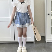 一年级女童夏季韩版高腰，牛仔短裤女宝宝，甜美蕾丝花边热裤短裤